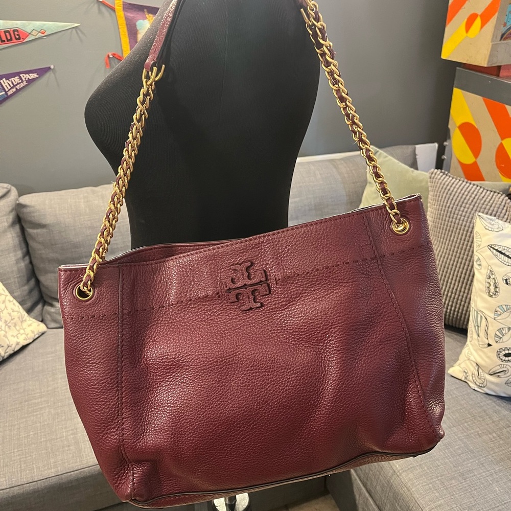 Tory Burch McGraw Leather Slouch Tote Imperial Garnet Chained